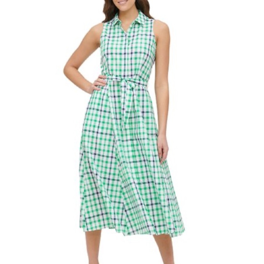 Tommy Hilfiger Green Blue White Sleeveless Shirtdress Tie Waist